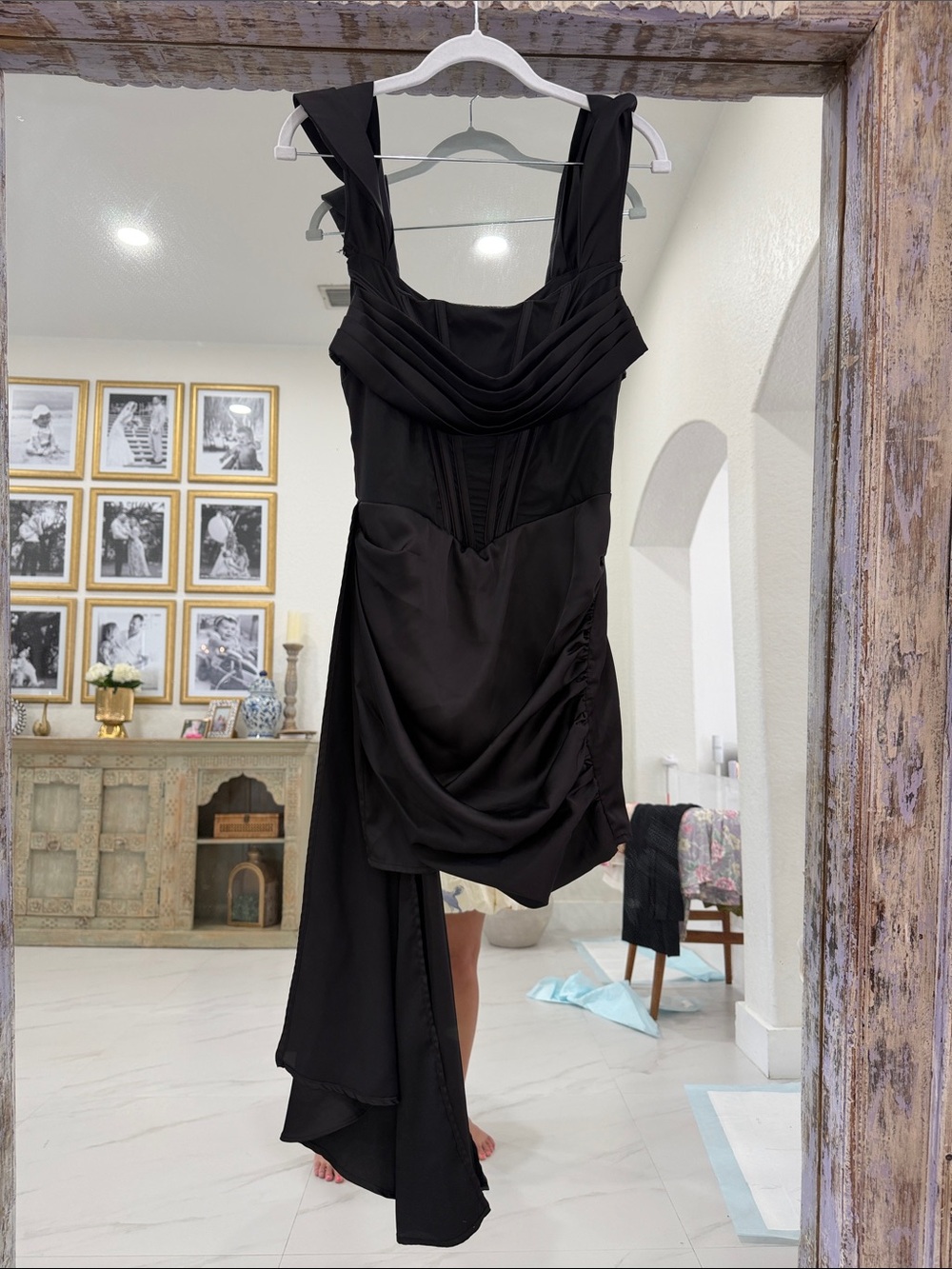 Black Draped Mini Dress with Sculpted Bodice